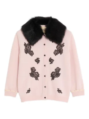 Lace-embellished shearling-collar cardigan