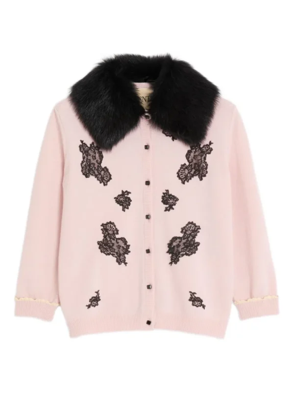 Lace-embellished shearling-collar cardigan