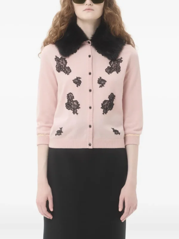 Lace-embellished shearling-collar cardigan - Image 2