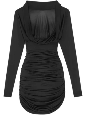 Ruched curved-hem long-sleeve dress