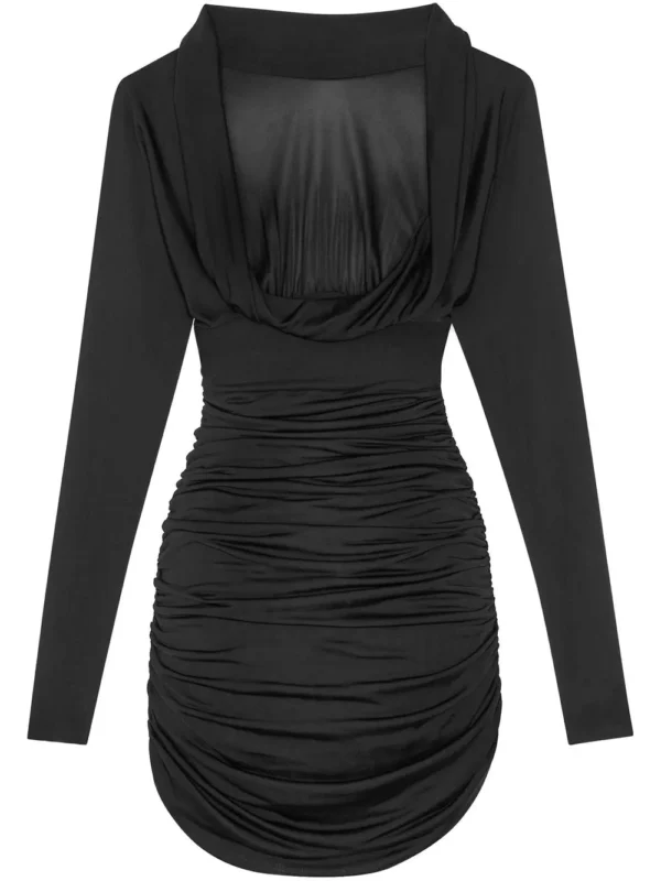 Ruched curved-hem long-sleeve dress